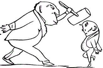 A cartoon man holds a mallet over a much smaller man's head.  The smaller man looks nervous.